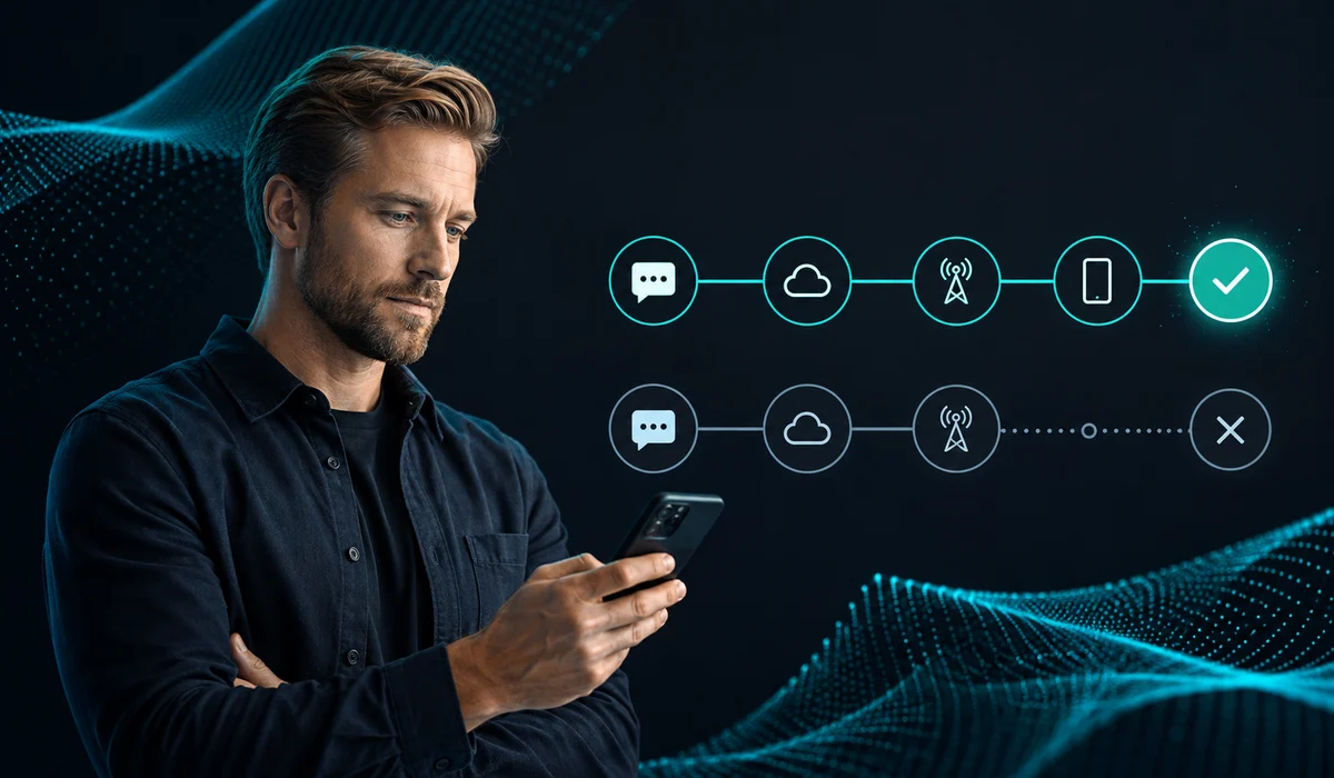 En tekniker følger to SMS-ruter gjennom meldingssystem og mobilnett, der én fullføres og én stopper underveis.